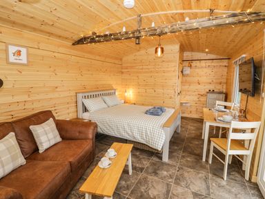 A wooden room with a bed a brown sofa a small wooden table and a dining table with two chairs at Robins Nest in Napton-On-The-Hill