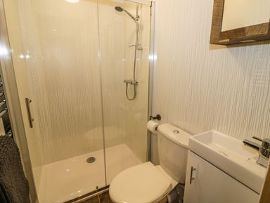 A bathroom with a shower, toilet, sink, and towel rack at Robins Nest in Napton-On-The-Hill