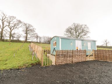 A blue mobile home with wooden fencing and young trees on a grassy hill at Robins Nest in Napton-On-The-Hill