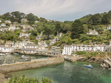 A harbor with boats and white houses on a hillside with trees at Brewers Cottage in Looe