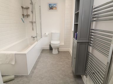 A bathroom with a bathtub shower combination a toilet a grey cabinet and a chrome towel radiator at Brewers Cottage in Looe