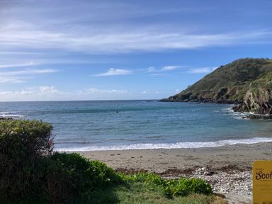 A beach with sea waves hill on the right and a bush on the left at Brewers Cottage in Looe