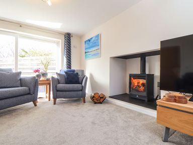 A living room with gray armchairs a fireplace with burning logs and a television at Pickney House in Killigarth near Polperro