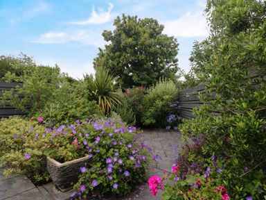 A garden with stone pavement surrounded by green shrubs and purple and pink flowers