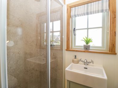 A bathroom with a shower enclosure a small sink with a faucet and a soap dispenser a window with a plant on the sill at Acorn in Bleadon