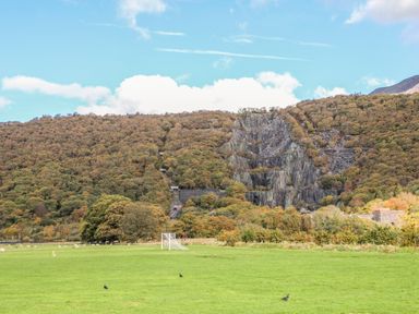 A grassy field with a soccer goal and birds in front of a forested hillside with exposed rocky cliffs at 9 Ty Du Road in Llanberis