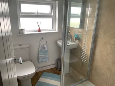 A bathroom with a toilet a sink a shower with glass doors a striped rug and a window with items on the sill at 9 Ty Du Road in Llanberis