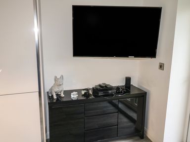 A wall-mounted television above a black cabinet with gaming console and decorative items at Sunnydene in Paignton