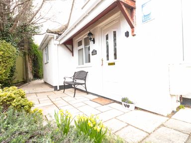 Exterior view of a white house entrance with a black bench and yellow flowers at Little Walton in Burnham-On-Sea