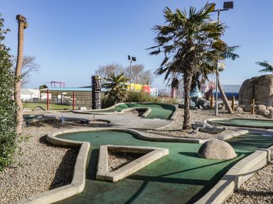 An outdoor miniature golf course with palm trees and totem pole at Little Walton in Burnham-On-Sea