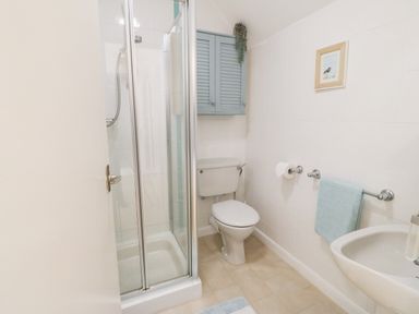 A bathroom with a shower enclosure toilet sink blue cabinet and blue towel at Malltraeth Cottage in Malltraeth