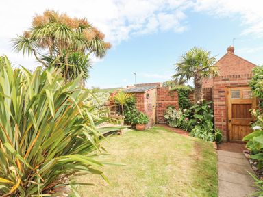 A garden with a lawn, tropical plants, a wooden bench, a brick shed, and a wooden gate at ODYSEA in Weymouth