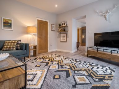 A living room with a patterned rug a wooden door a sofa with cushions a floor lamp a television on a stand and wall decorations at Howe Keld 5 First Floor in Keswick