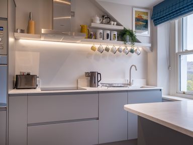 A kitchen counter with a toaster kettle and sink under shelves with mugs jars and a plant at Howe Keld 6 Second Floor in Keswick
