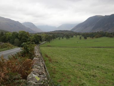 A rural landscape with a stone wall and road beside green fields and trees with mountains in the background at Caldhu Cottage in Holmrook
