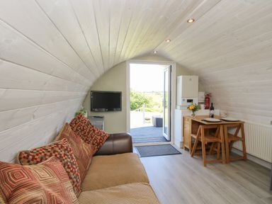 A small living area with a sofa and cushions a wall-mounted TV a wooden dining table with two plates and chairs and an open door leading outside at Cherry Pod in Hookagate near Meole Brace