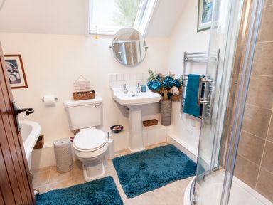 A bathroom with a toilet a pedestal sink a glass shower enclosure and teal rugs at Southcott Farm Cottage in Sheldon