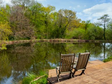 Two wooden chairs on a wooden deck facing a pond surrounded by trees at Southcott Farm Cottage in Sheldon