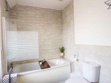 A bathroom with a bathtub shower combination a toilet and a small plant at Aryelle House in Kendal