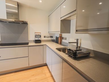 A kitchen with modern cabinets a sink dish rack and stove at The Mabel Suite Stone Cross Mansion in Ulverston