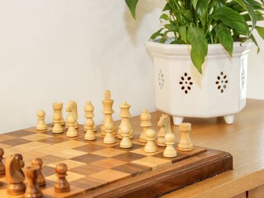 A chessboard with wooden chess pieces arranged and a white planter with a green plant on a wooden surface at The Old Stable in Henryd near Conwy