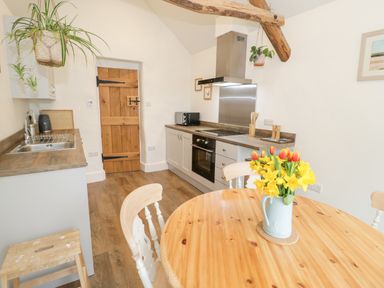 A kitchen with wooden table and chairs flowers in a vase hanging plants and wooden door at The Old Stable in Henryd near Conwy