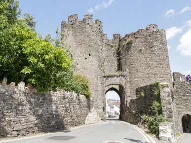 A stone castle gate with towers and an arched entrance on a road with greenery at The Old Stable in Henryd near Conwy