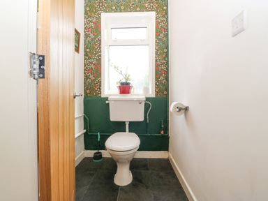 A small bathroom with a white toilet under a window and floral wallpaper at The Headland in Llaneilian near Amlwch