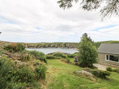 A garden with grass shrubs and a tree beside a house overlooking a bay with cliffs at The Headland in Llaneilian near Amlwch