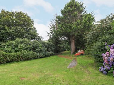 A grassy garden path with trees and bushes and an old boat at The Headland in Llaneilian near Amlwch