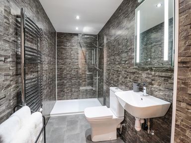 A bathroom with a toilet sink shower and towel rack at Glyndwr in Betws-Y-Coed