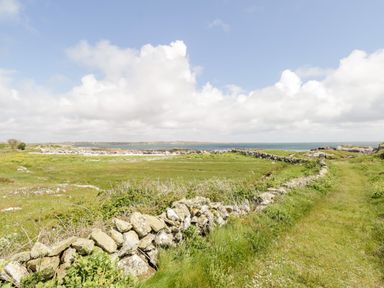 A grassy field with a stone wall and a path near the sea at Ti Tom Narta in Trabane near Lettermore County Galway