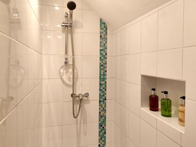 A shower area with white tiles and a strip of blue mosaic tiles and three bottles in a recessed shelf in Grove House Egremont