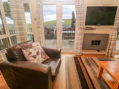 A living room with a leather armchair and floral cushion next to glass doors with striped curtains a wall-mounted TV and fireplace and a striped rug on the floor at Lodge 23 in Torpoint