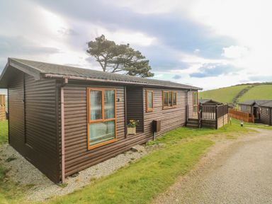 A brown wooden cabin with windows and a small deck on a grassy hillside at Lodge 23 in Torpoint