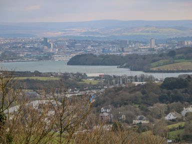 A city skyline with buildings and a river surrounded by hills and trees at Lodge 23 in Torpoint