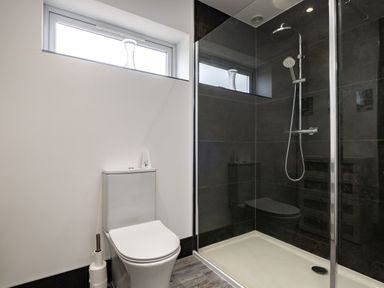 A bathroom with a toilet next to a walk in shower with dark tiles and a glass door at Lowenda in Polzeath