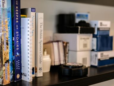 A shelf with books including The Camel of Soloma and The Pebble Spotters Guide and various small boxes