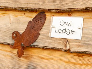 A wooden wall with a metal owl decoration and a sign reading Owl Lodge at Owl Lodge in Wedmore