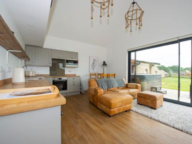 An open kitchen and living area with grey cabinets a brown sofa and large sliding glass doors showing a grassy outdoor area at Owl Lodge in Wedmore