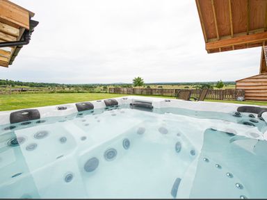An outdoor hot tub with water jets surrounded by grass and a wooden fence at Owl Lodge in Wedmore