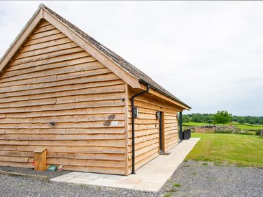The exterior of a wooden lodge with paved walkway and grassy area at Starling Lodge in Wedmore
