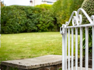 A white metal gate opening to a lawn with hedges in the background at Samphire in Rock