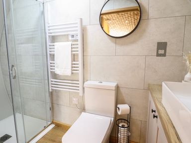 A bathroom with a shower, toilet, towel rack with towel, sink, round mirror, and toilet paper holder at Nant y Garnedd Mallwyd near Dinas Mawddwy
