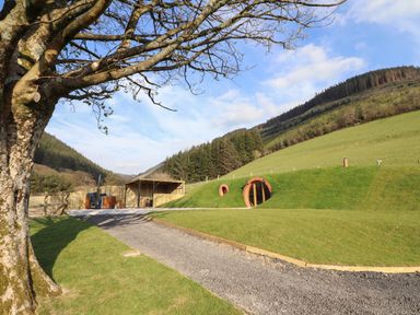 An earthen house built into a hillside with round windows near a gravel path and a tree at Nant yr Esgair in Mallwyd near Dinas Mawddwy