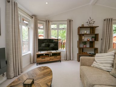 A living room with a sofa and pillows a wooden coffee table a television on a wooden stand and a wooden shelving unit at Kirkstone Lodge in Limefitt Park near Windermere