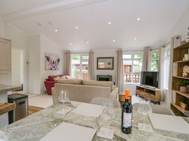 A living room with sofas a television and a dining table with wine glasses and a bottle at Kirkstone Lodge in Limefitt Park near Windermere