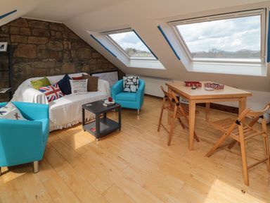 A living room with blue armchairs a white sofa wooden dining table and large skylight windows at 19 Duke Street in Alnwick