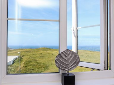 A window overlooking grassy land and the sea with a black and silver decorative leaf sculpture at Penthouse 23 in Newquay