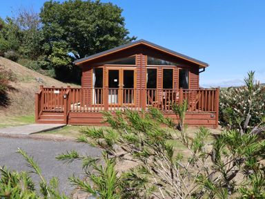 A wooden cabin with a railing and steps in front surrounded by grass and trees at 23 Bossiney Bay in Tintagel
